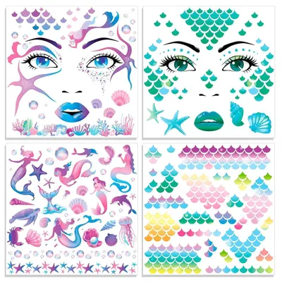 Produktbild von Temporäre Tattoos Meerjungfrau 4 Bögen für Karneval & Halloween