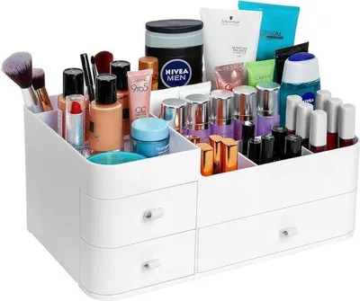 Imagen del producto de Uniqoos® - Organizador de maquillaje: caja de almacenamiento blanca para cosméticos y productos para el cuidado de la piel, 34 x 21,5 x 15 cm, con varios compartimentos y 3 cajones para labiales y pinceles