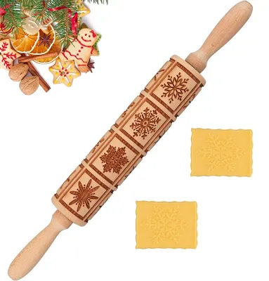 Imagen del producto de Rodillo 3D - Rodillo de madera - Motivo navideño - Rodillo decorativo - 35 x 4,5 cm - Perfecto para galletas - Rodillo de repostería