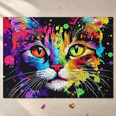 Produktbild von Holzpuzzle Katze 1000 Teile, leuchtendes Motiv mit Explosionseffekt und 50 Spezialteilen, KI-generiertes Bild