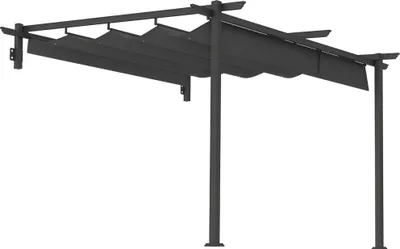 Zdjęcie produktu dla Pergola tarasowa Outsunny o wymiarach ok. 3x3 m, pawilon ogrodowy z aluminium, montowany na ścianie, z regulowanym dachem, zadaszenie tarasu ogrodowego chroniące przed słońcem, ciemnoszary