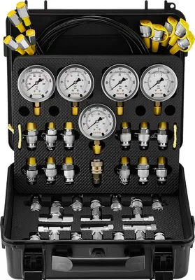 Immagine prodotto di Kit per prove di pressione idraulica, 10/100/250/400/600 bar, 5 manometri, 13 raccordi, 14 connettori a T, 5 tubi flessibili di prova, set di manometri per prove idrauliche su escavatori con valigetta di trasporto per escavatori, trattori e macchinari