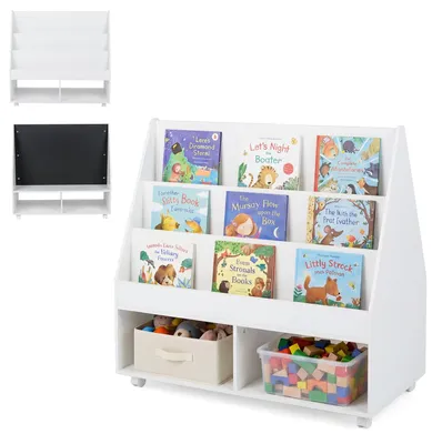 Immagine prodotto di COSTWAY, libreria per bambini in legno, con rotelle, lavagna, 3 ripiani e 2 scomparti, scaffale per giocattoli, scaffale portaoggetti, 90x45,5x87 cm, bianco