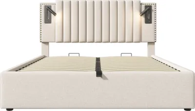 Produktbild von Flieks Polsterbett 180x200cm mit Leselampe, Doppelbett Stauraumbett Boxspringbett mit Ladefunktion (USB, Typ-C), Jugendbett mit Lattenrost, Baumwolle