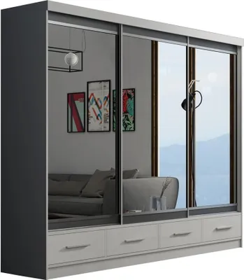 Produktbild von BETTSO Moderner Schiebeschrank mit Spiegel MORA 250 weiß weiß grau lacobel