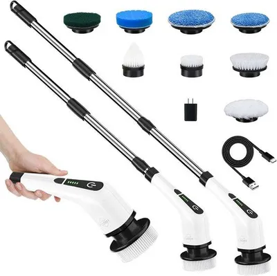 Image de Brosse de nettoyage sans fil avec 8 têtes interchangeables - Brosse rotative électrique pour salle de bain et carrelage - Brosse télescopique avec manche réglable jusqu'à 137 cm
