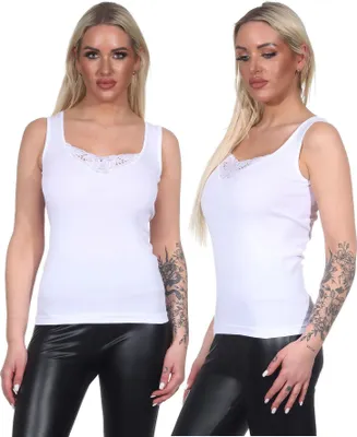 Produktbild von 2 Stück Damen Unterhemd Weiß mit Spitze Baumwolle; Weiß/44/46
