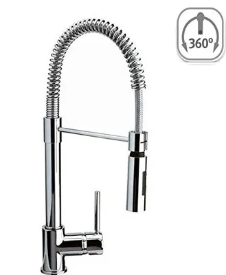 A chrome kitchen faucet with a flexible pull-down spout and a single lever handle, shown against a white background.