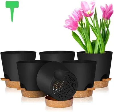 Image de Pot de fleurs en plastique avec soucoupe et système d'arrosage automatique, lot de 6