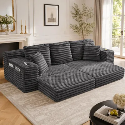 Produktbild von Cordstoff-Kompressionssofa Hohe Rückenlehne Zusatzkissen Seitentaschen Getränkehalter Schlafsofa Dunkelgrau 273x98x87cm