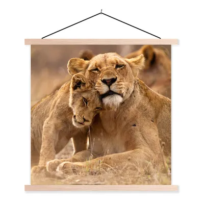 Produktbild von MuchoWow® Textilposter Löwe - Wilde Tiere - Jungtier 120x120 cm mit holzfarbenen Rahmen - Textil-Poster