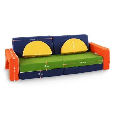 A colorful children's sofa with dimensions indicated by measurement lines and text.