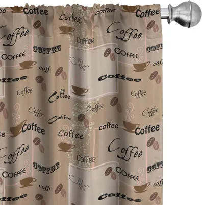 Zdjęcie produktu dla ABAKUHAUS Zasłony, firanki, kawa zawiera różne typografie ziaren kawy na abstrakcyjnym tle winogron, 2 sztuki 75 x 245 cm, jasnobrązowy czarny