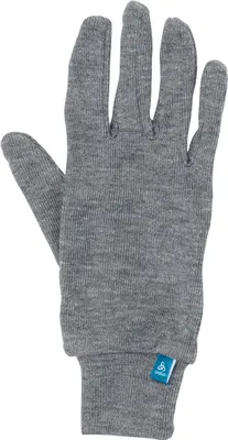 Grau melierte Strickhandschuhe mit Bündchen und blauem Odlo-Logo am Handgelenk