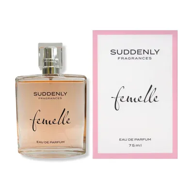 A perfume bottle and its packaging are displayed side-by-side against a white background.