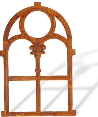 A rusted metal window frame with a gothic arch design, set against a white background.