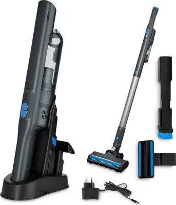 A cordless vacuum cleaner and its accessories are displayed against a white background.