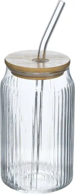 Produktbild von Krug aus Borosilikatglas 500 ml Klar mit Bambusdeckel und Glasstrohhalm