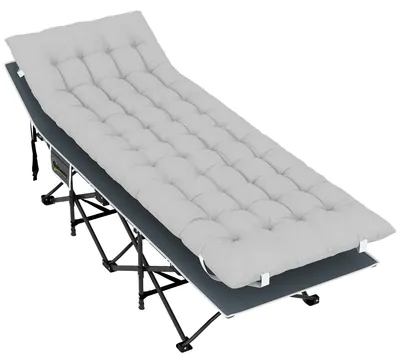 Produktbild von Feldbett faltbar Campingbett mit Matratze Kopfkissen Seitentasche 185 x 68 x 37 cm bis 150 kg Hellgrau