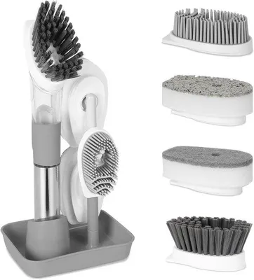 Produktbild von Reinigungsborstel mit Seifenbehälter - multifunktionale Reinigungsbürste - 4 Ersatzköpfe - grau