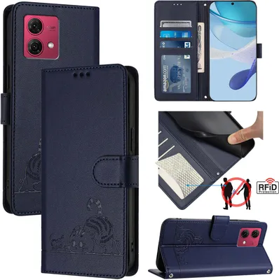 Produktbild von Leder Hülle für Motorola Moto G84 Süße Katze Flip Case Brieftasche Schutzhülle mit Standfunktion Blau