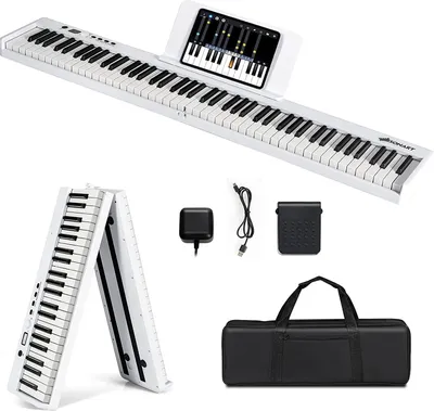 Produktbild von 88 Tastatur Keyboard mit Notenständer, Pedal, LCD-Display & LED-Licht Lehrfunktion, Klappbar & Tragbar E-Piano für Kinder und Anfänger (Weiß)