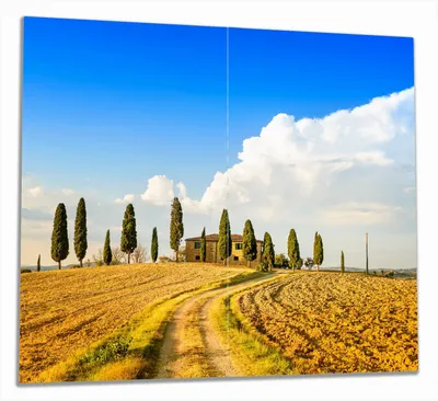 Produktbild von Wallario Herdabdeckplatte aus Glas, Größe 60 x 52 cm 2-teilig, Motiv Italien - Toskana unter blauem Himmel  einsame Farm