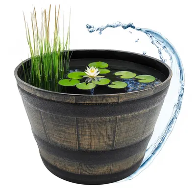 Produktbild von Kunststoff Mini Gartenteich im Holz Kübel Design - 51 cm - Wasserkübel in Eichenfass Optik braun