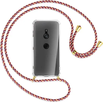 Produktbild von Handykette Backcover-Schutzhülle mit Band (Metall goldfarben) für Sony Xperia XZ3 - weinrot/gelb/grau