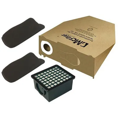 A product shot of vacuum cleaner bags, a HEPA filter, and carbon filters, along with their packaging.