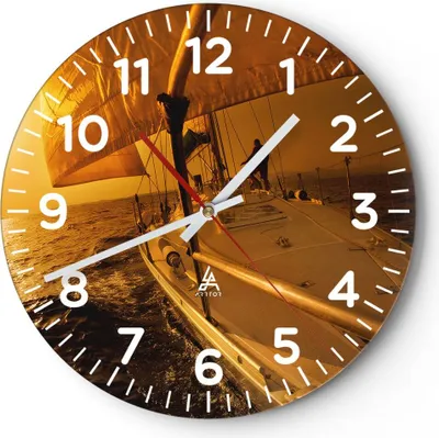 Produktbild von Wanduhr - Rund - Glasuhr - Ozean Segelboot Yacht - 30x30cm - Schleichendes Uhrwerk - Lautlos - zum Aufhängen bereit - Dekoration Modern - Wanddekoration aus Glas - C4AR30x30-0322