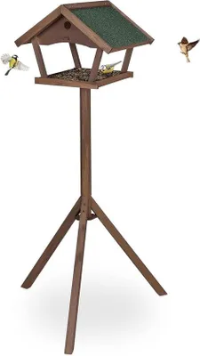 Image de Mangeoire sur socle en bois pour oiseaux de jardin H x L x P : 139 x 70 x 60 cm, toit résistant aux intempéries, marron/vert