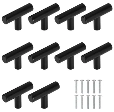 Image de Boutons de meubles, poignées en T, poignées de tiroir en acier inoxydable, boutons à visser pour armoires, tiroirs et meubles de cuisine, lot de 10 (noir/50 mm)
