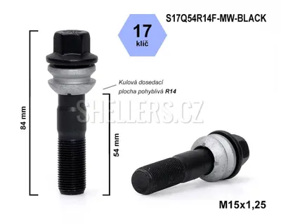 Obrázek produktu pro Kolový šroub M15x1,25x54 kulový R14, pohyblivá plocha, klíč 17, S17Q54R14F-MW-BLACK, černý, výška 84 mm