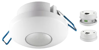 Immagine prodotto di Rilevatore di movimento 2 in 1, bianco, per installazione a vista e da incasso, rilevamento a 360°, portata di 8 m, per interni (IP20), compatibile con LED