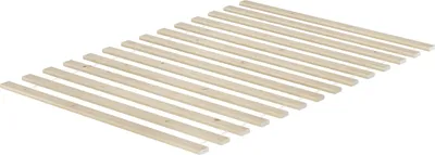 A slatted wooden bed base is shown against a white background.