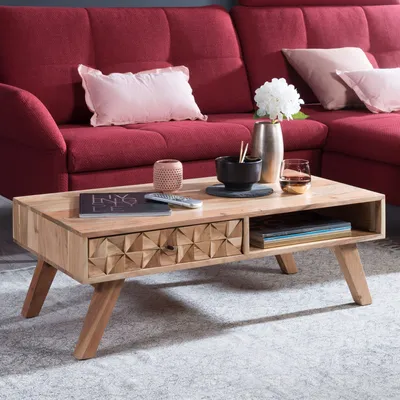 Produktbild von FineBuy Couchtisch Akazie Massivholz 95cm · Wohnzimmertisch mit Schublade & Ablagefach Handgefertigter Sofatisch mit 3D-Front im modernen Retro Design