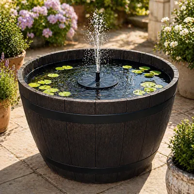 Produktbild von Solar LED Brunnen Set inkl. Akku - 51 cm Schale in Holzoptik braun