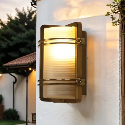 Produktbild von Außenwandleuchte Glas echtes Messing IP54 Maritim eckig TOMASO Lampe Antik Jugendstil Haus Haustür