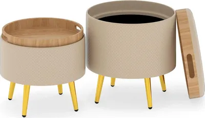 Image de Ensemble de 2 poufs de rangement en similicuir beige