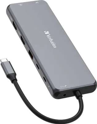 Obrázok produktu pre Verbatim CMH-13, USB Typ-C, 3.5mm, DisplayPort, HDMI, RJ-45, USB 2.0, USB 3.2 Gen 1 (3.1 Gen 1) Type-A, USB 3.2 Gen 2 (3.1 Gen..., SD, Microsd (transflash), 10000 Mbit/s, 30 Hz, Strieborná