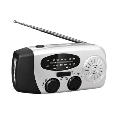 Obrázok produktu pre Zimilo núdzové rádio s LED baterkou, AM/FM/WB, solárnym ručným kľučkom, USB powerbankou, vodotesnosťou IPX3, výkonom 600 mAh, mobilným rádiom, strieborná farba