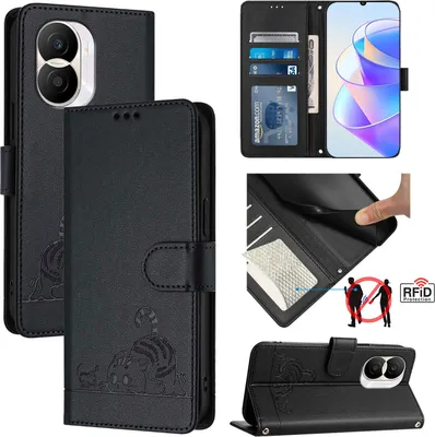 Produktbild von Leder Hülle für Honor X40i Süße Katze Flip Case Brieftasche Schutzhülle mit Standfunktion Schwarz