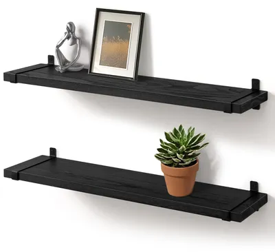 Image de Étagère murale noire, lot de 2, étagère suspendue, bois, support métallique noir, étagère murale pour la cuisine, la salle de bains, le salon ou la chambre à coucher, pour le rangement et l'organisation, 60 cm