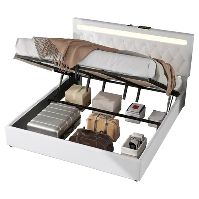 Produktbild von Polsterbett mit LED-Beleuchtung, 180x200 cm, gepolsterter Kopfteil höhenverstellbar, Doppelbett, Leinen