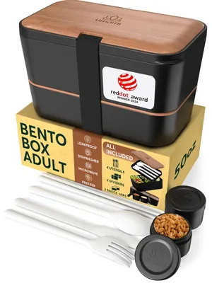 Productafbeelding van Bento lunchbox met 4 gebruiksvoorwerpen, 2 sauspotten, lekvrij en magnetronbestendig