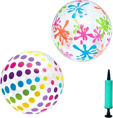 Image de Ensemble de 3 ballons de plage, dont 2 grands avec motifs colorés, et 1 pompe à air manuelle, pour une utilisation en extérieur
