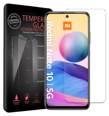 A product packaging for a screen protector for a Xiaomi Redmi Note 10 5G phone, with the phone itself shown on the right.