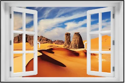 Produktbild von Wallario Wandbild mit Fenster-Illusion: Felsen und Sand in der Sahara Wüste, Größe: 61 x 91,5 cm, Poster mit schwarzem Aluminiumrahmen
