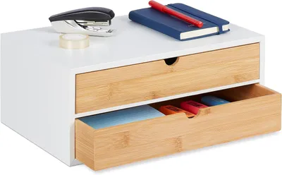 Image de Organisateur de bureau - 2 tiroirs - Bambou et MDF - 14 x 33 x 21 cm - Petite commode - Blanc - Naturel